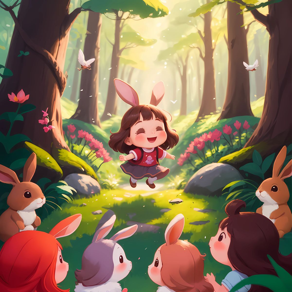 Ruby surrounded by her new friends, laughter and joy filling the air. The forest is alive with vibrant colors, showcasing the newfound happiness and acceptance that Ruby experiences.