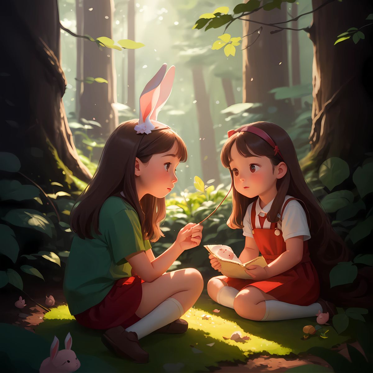 Ruby talking to her parents, their comforting presence providing a sense of security. The forest surrounds them, creating a serene atmosphere as they discuss the steps to seek help and put an end to the bullying.