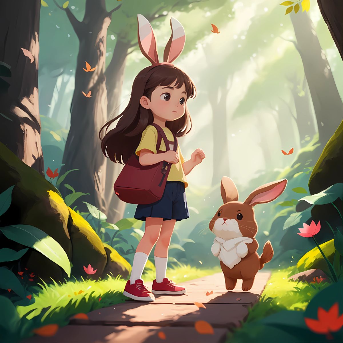 Ruby, filled with determination, standing tall and confronting Jamel and his friends. The forest stands witness to Ruby's courage, with leaves rustling in the wind and birds chirping in support.