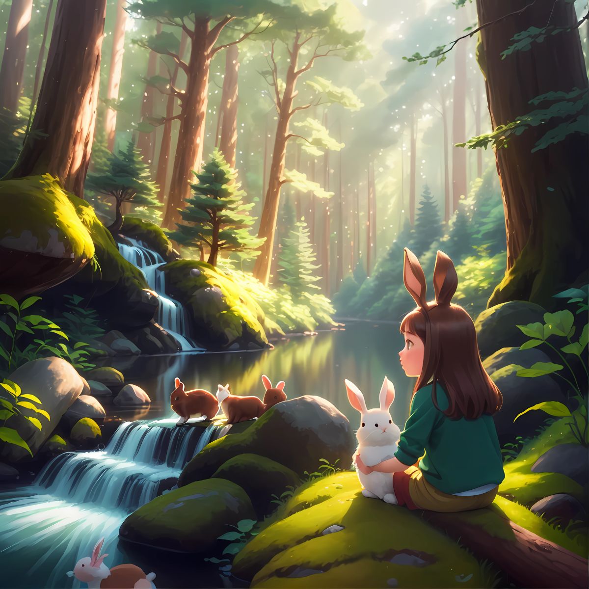 A peaceful forest with tall trees and a river flowing through it. Ruby, a little rabbit with long brown hair, playing with her friends and exploring the beautiful surroundings.