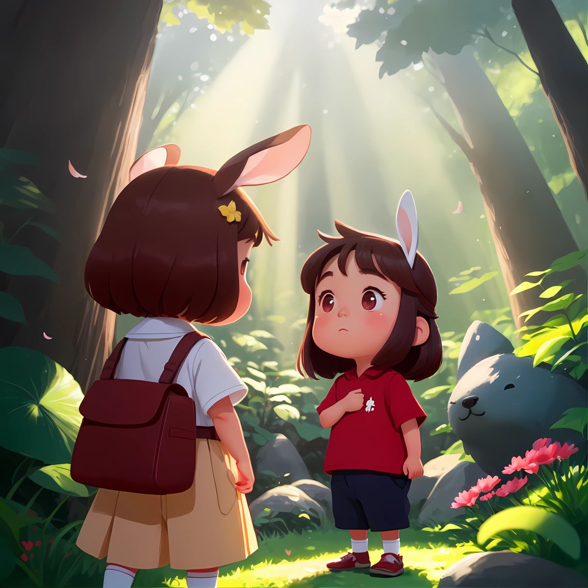 Ruby standing alone, her ears drooping, as Jamel and his friends taunt her with unkind words. The forest serves as a backdrop, with rays of sunlight filtering through the trees, highlighting Ruby's sadness.