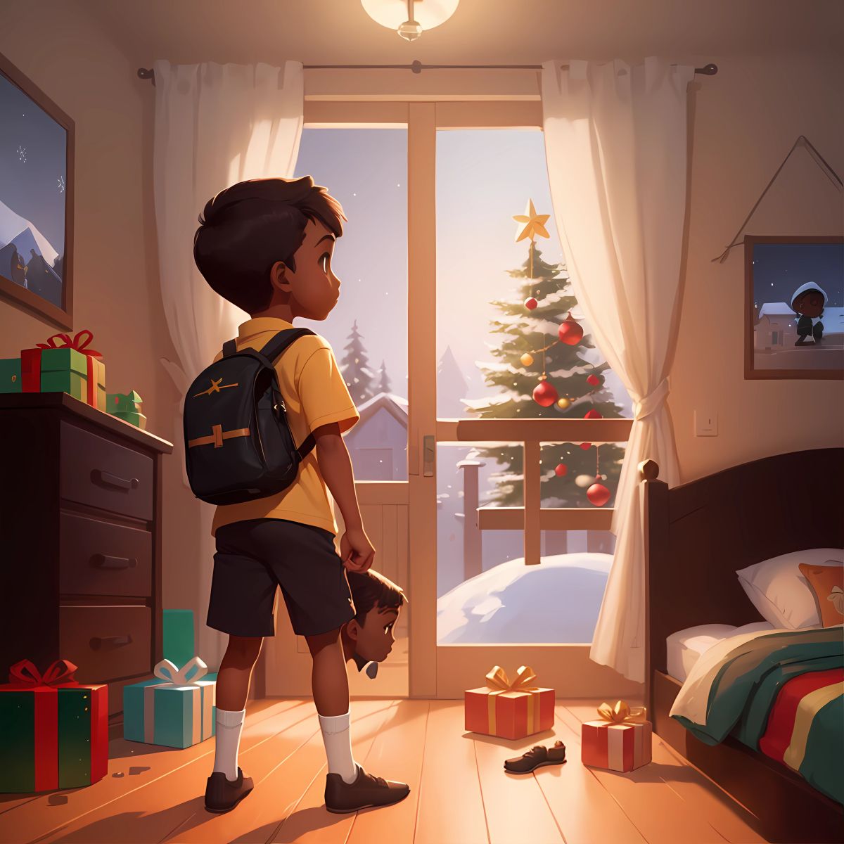 A young African American boy named Marvin, with short brown hair, searching through his bedroom for his missing Christmas socks.