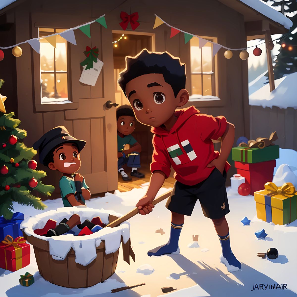 Marvin pulling out the torn and dirty Christmas socks from the shed, realizing there is more to the mystery than he initially thought.
