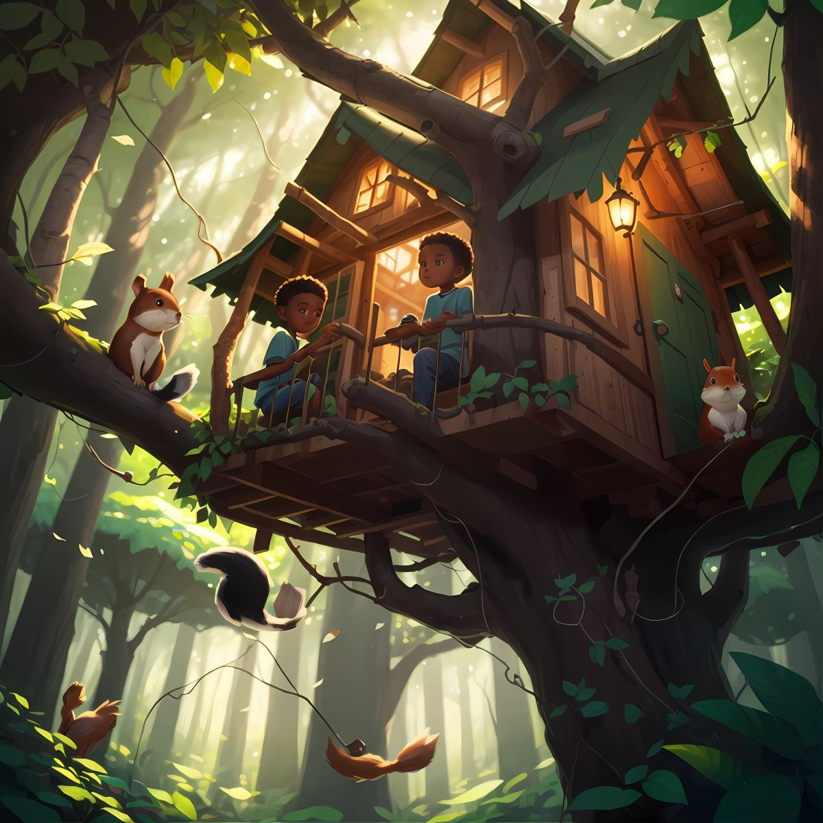 Inside the treehouse, Marvin finding a cozy nest made of twigs and leaves, with a mischievous squirrel curled up in it.