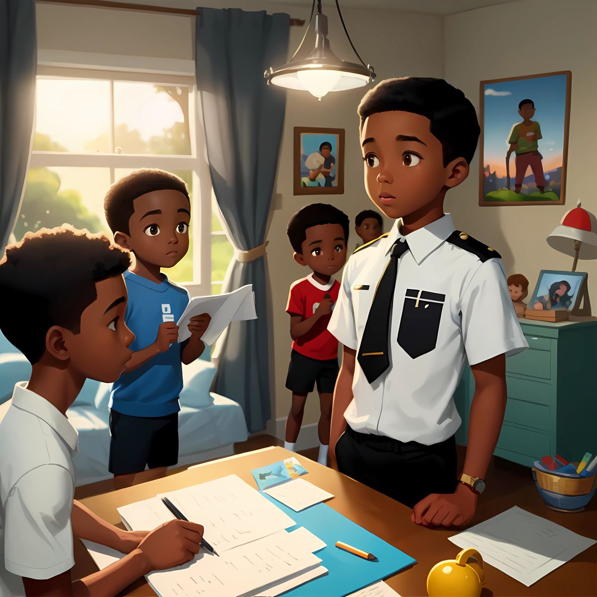Marvin questioning his family members and friends, making a list of suspects, as he searches for clues outside of his bedroom.