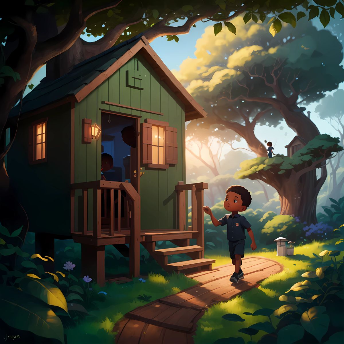 Marvin following tiny footprints from the shed to a hidden treehouse behind the bushes, ready to uncover the truth.