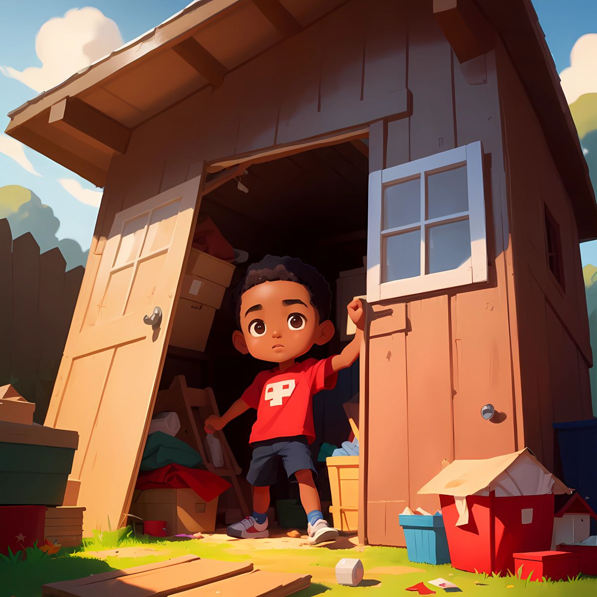 Marvin discovering a small shed in the backyard, filled with old boxes, and finding a piece of red fabric sticking out from under a pile of blankets.