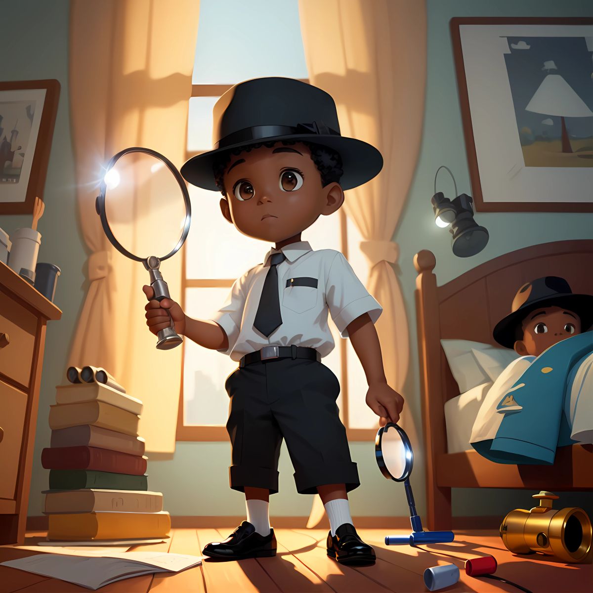 Marvin wearing a detective hat, holding a magnifying glass and a flashlight, investigating every corner of his bedroom in search of the missing socks.