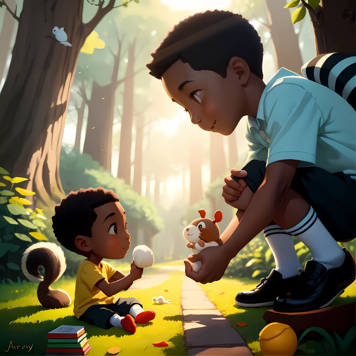 Marvin gently taking his socks back from the squirrel, who reluctantly gives them up, bringing a happy ending to the mystery.