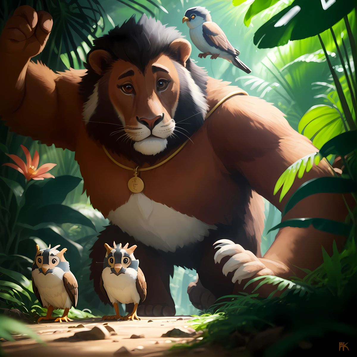 Koko returning to his original jungle, the animals looking surprised and curious. Koko approaching them with humility and sincerity, his eyes filled with remorse and determination to change.