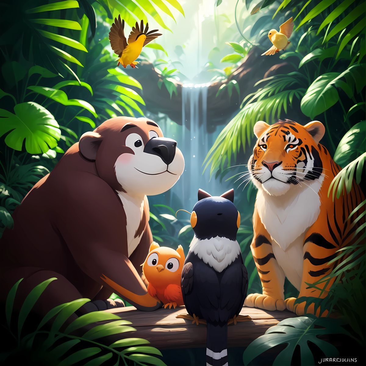 The animals surrounding Koko, their expressions softening with forgiveness and acceptance. Koko listening attentively to their ideas, his actions reflecting genuine care and concern for their well-being. The jungle buzzing with friendship and unity.