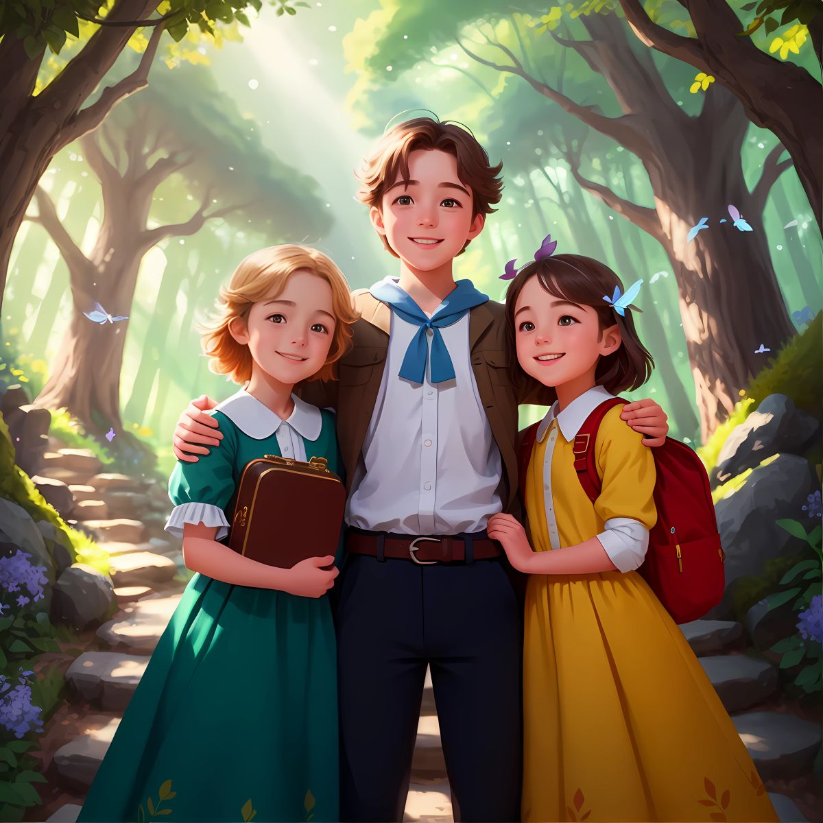 Vega, Greta, Max, and Eli living happily ever after, carrying the memories of their enchanted forest adventure.