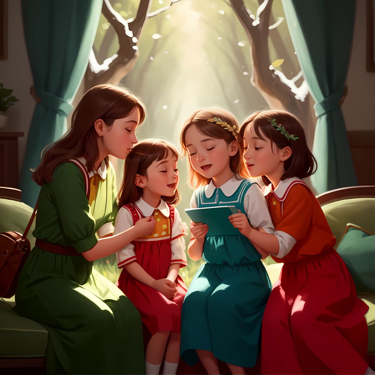 The girls returning home with their parents, sharing stories of their adventure.