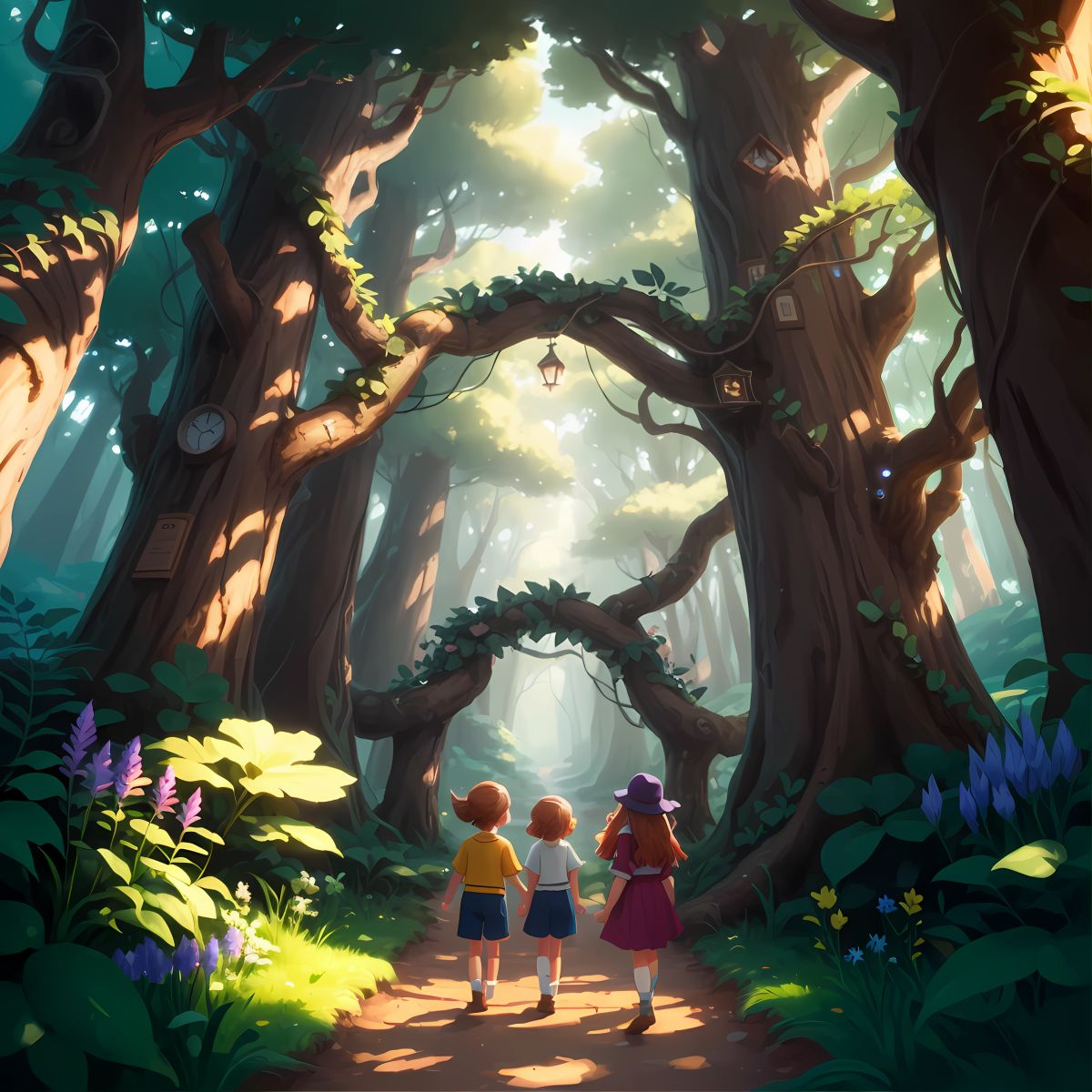 The girls and their dogs navigating through a magical maze.