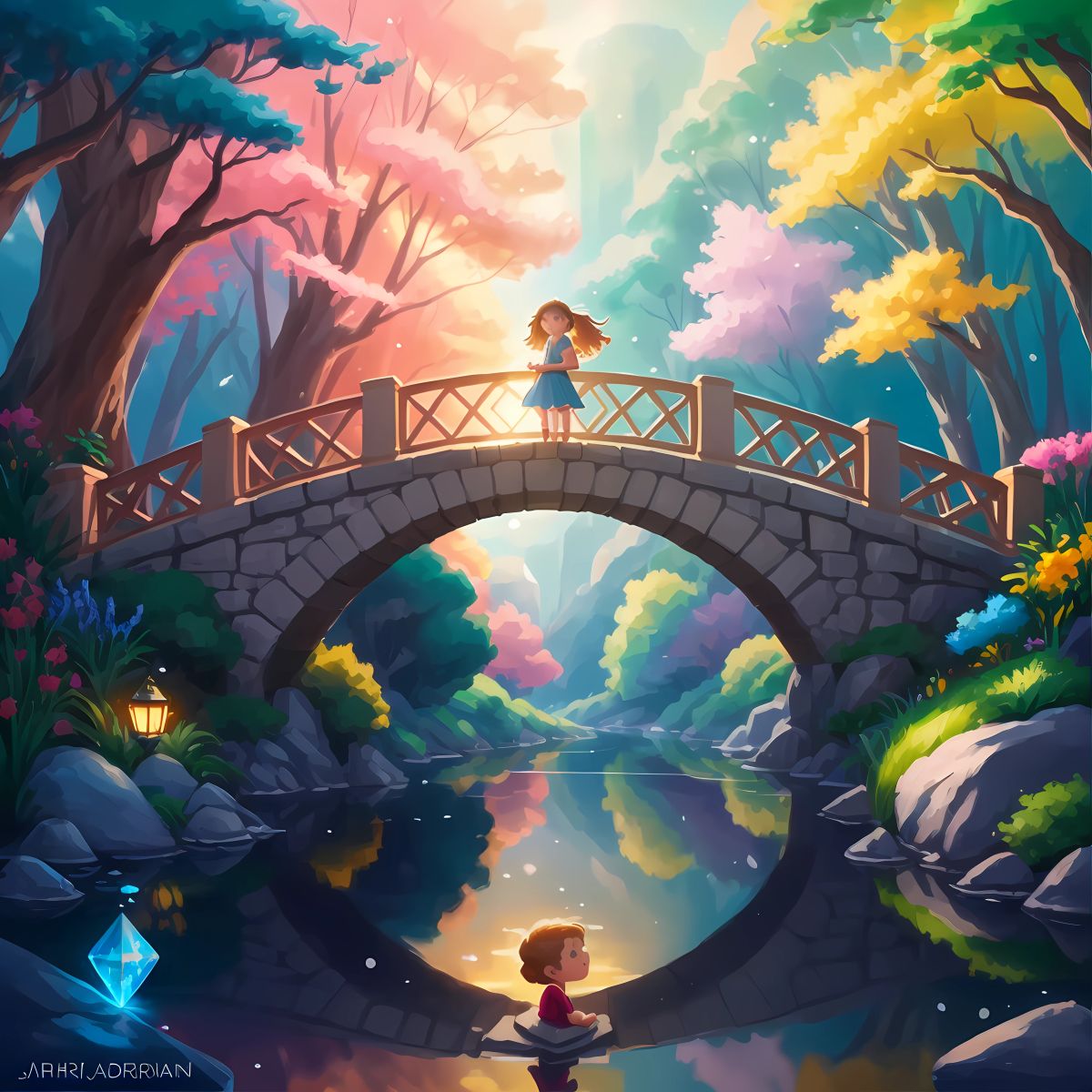 A magical bridge made of transparent crystal.