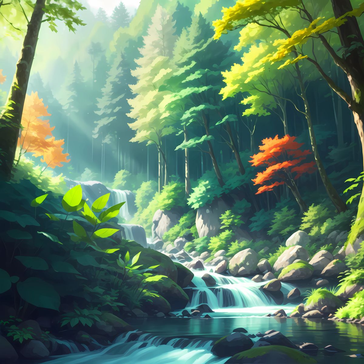 A forest with tall trees and a river flowing through it.