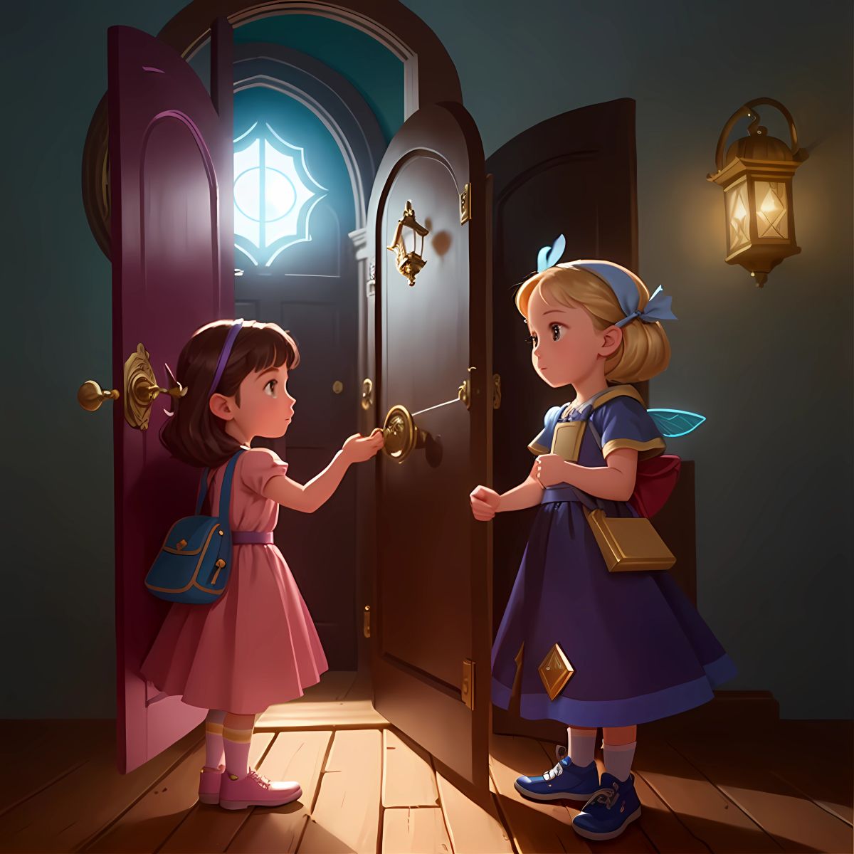 The girls answering a question to unlock a magical door.