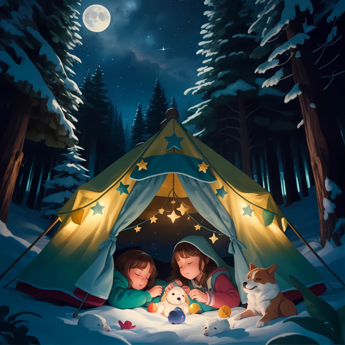 The girls and their dogs sleeping under the stars in the enchanted forest.