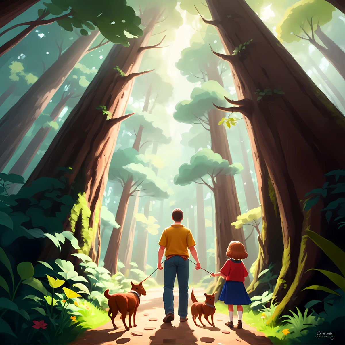 The girls meeting a friendly giant named Benito in the forest.