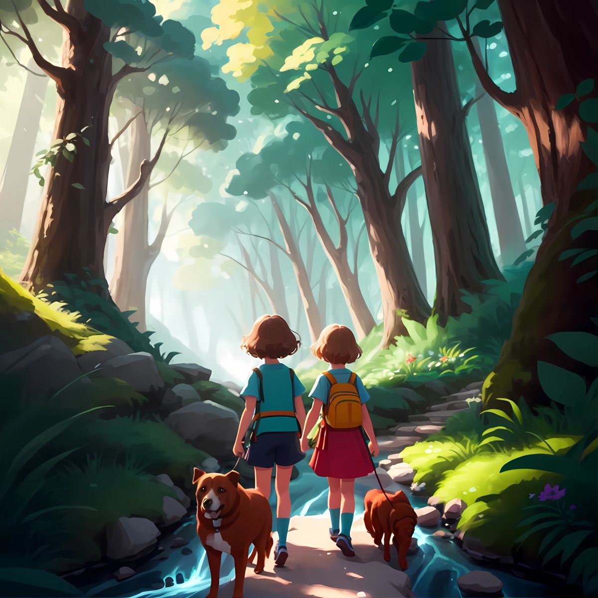 The girls and their guides searching for the way out of the forest.