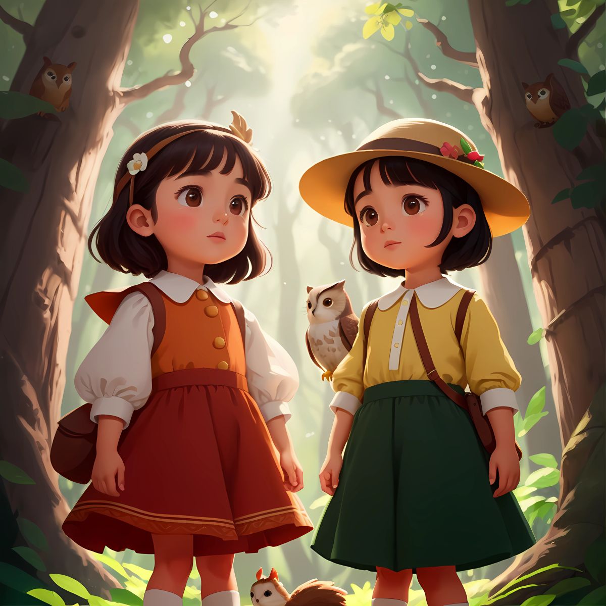 The girls surrounded by talking animals in a magical forest.