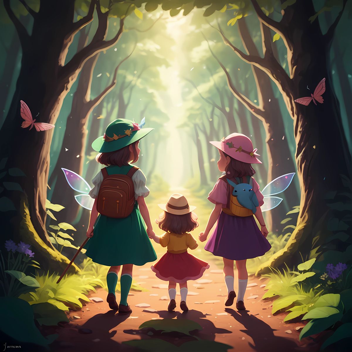 Two friendly creatures, Lila and Nico, guiding the girls through the forest.