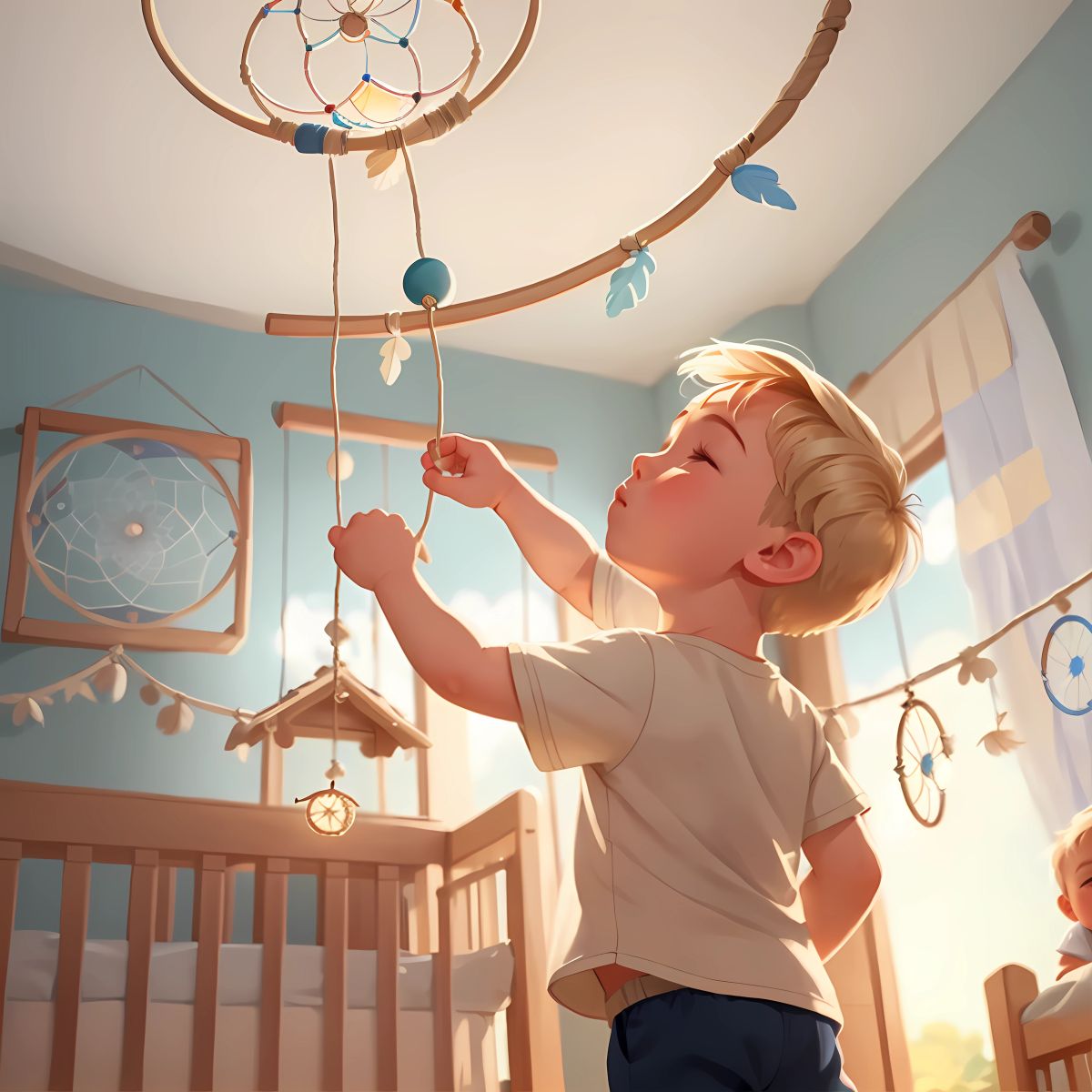 Excitedly, Becca hangs the dream catcher above Teddy's crib. Teddy looks up at it with hopeful eyes and makes a wish for peaceful dreams filled with adventure and joy.