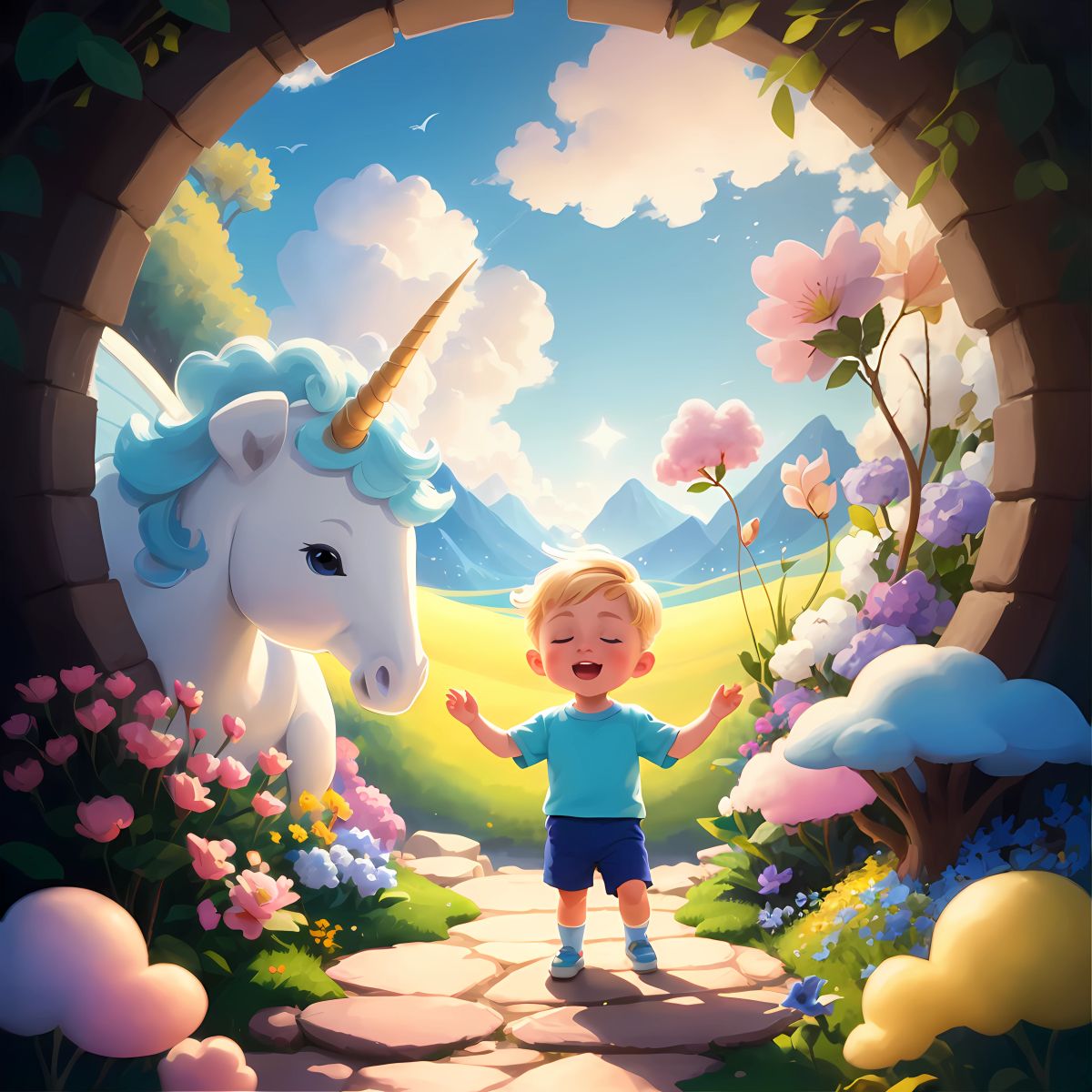 Teddy steps through the portal into Dreamland, a land filled with talking animals, colorful flowers, and cotton candy clouds. Unicorns, dolphins, and fairies greet him with warmth and joy.