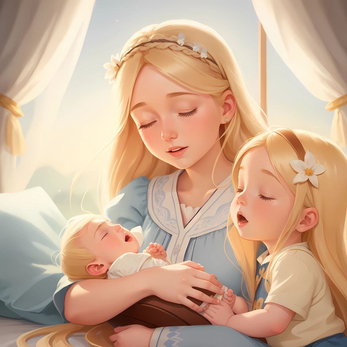 Becca, a kind and loving woman with long blonde hair that shimmers like gold, sings a beautiful lullaby to Teddy. But Teddy's eyes remain wide open, his sleeplessness persisting.