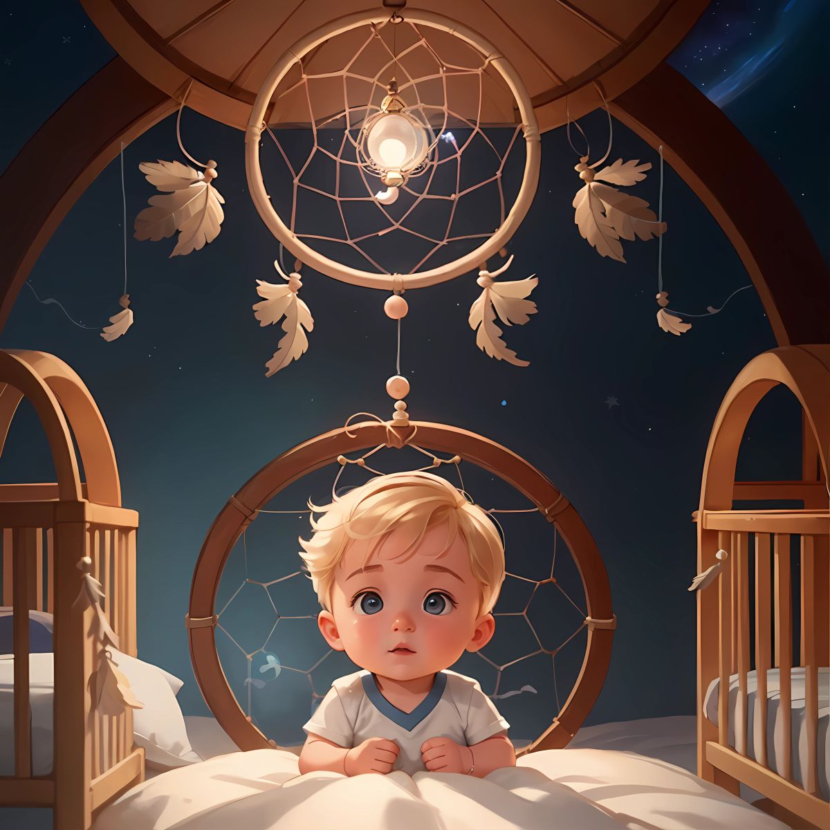 Teddy lies in his crib as the dream catcher begins to glow. A portal appears above his head, leading to Dreamland, a world where dreams come to life.