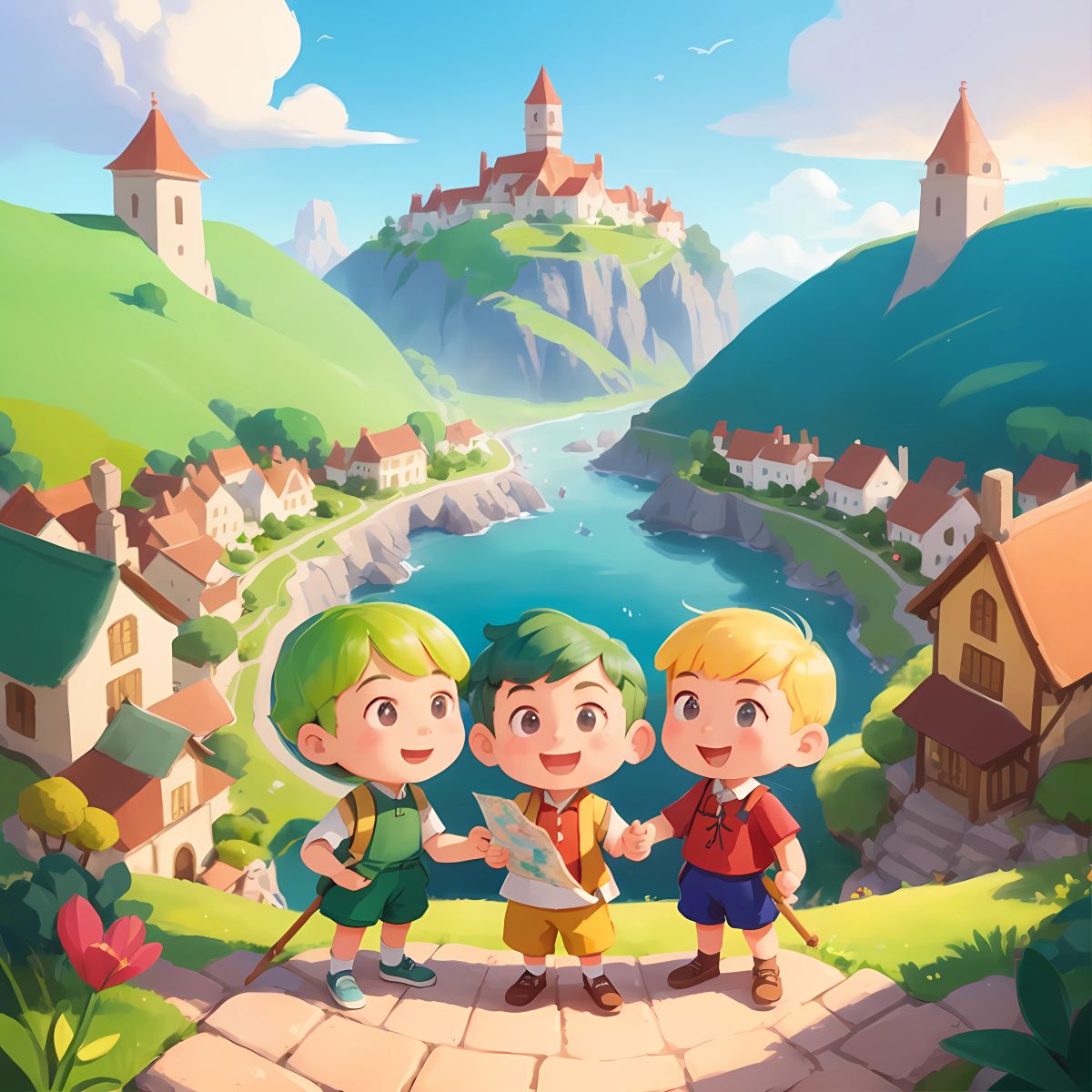 Bip and Bop standing in front of a map, surrounded by villagers eagerly listening to their plan for the grand treasure hunt.