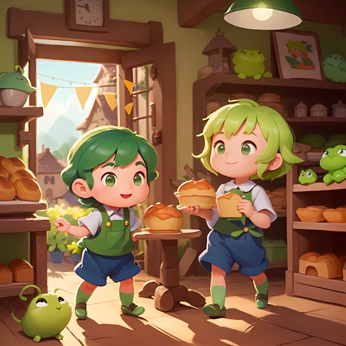 Bip and Bop sneaking into the village bakery, surrounded by shelves filled with freshly baked bread and pastries.