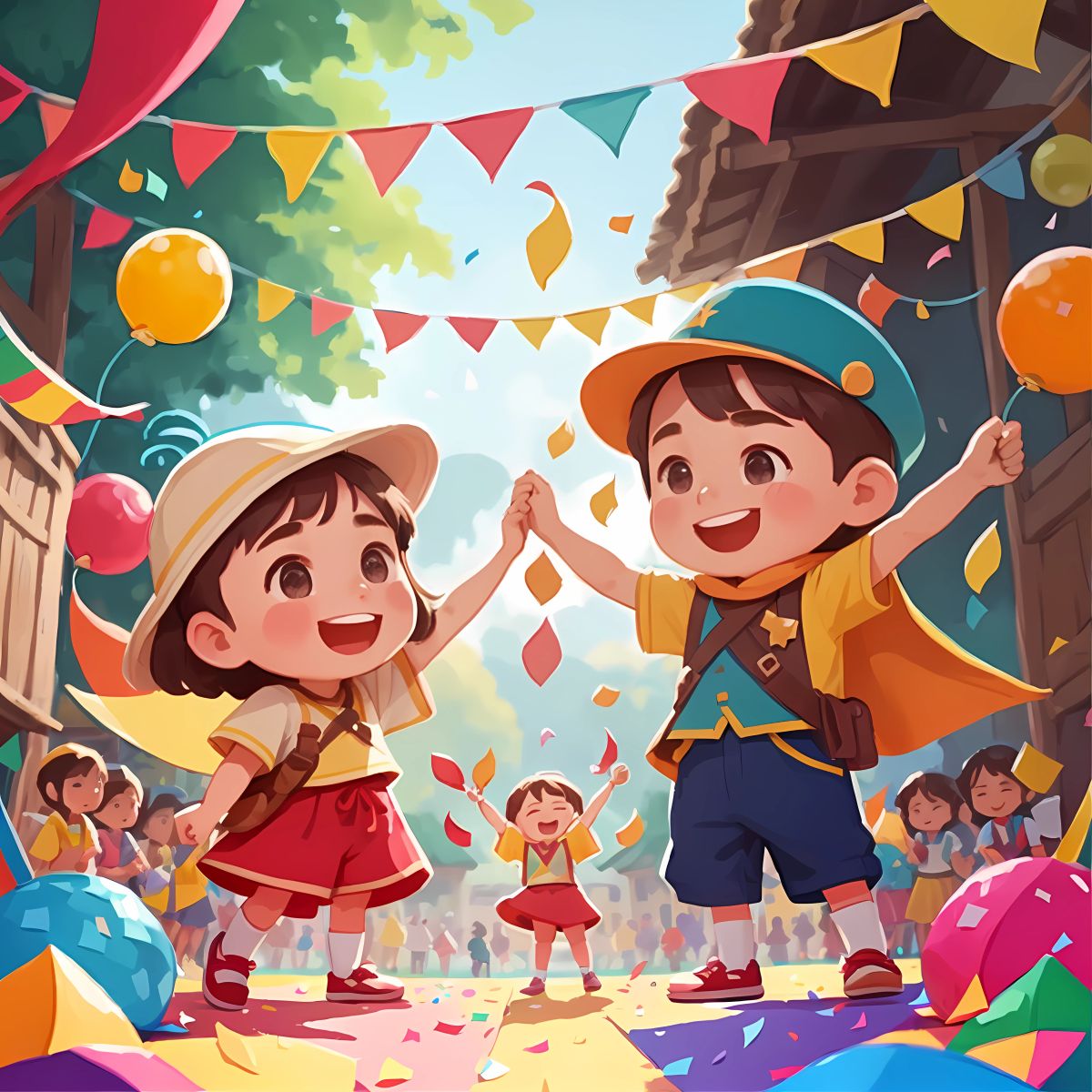 Bip and Bop standing in the center of the village, surrounded by laughing villagers, with colorful streamers and confetti floating in the air.