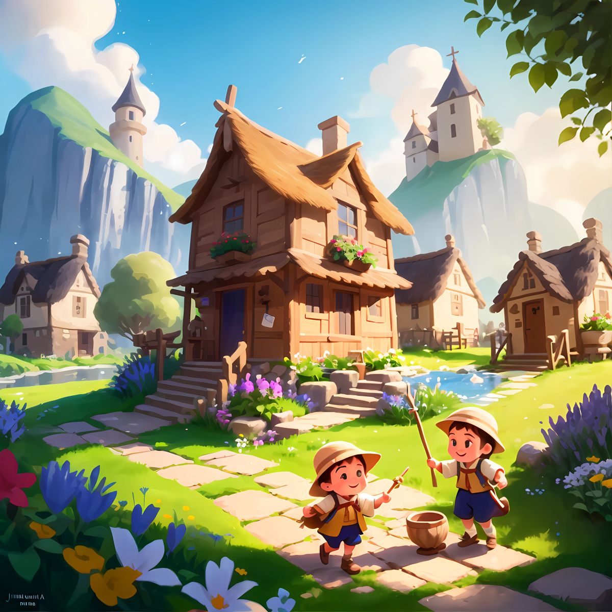 The village of Nod filled with excitement as villagers search for hidden clues, with Bip and Bop watching from a distance, their mischievous smiles evident.