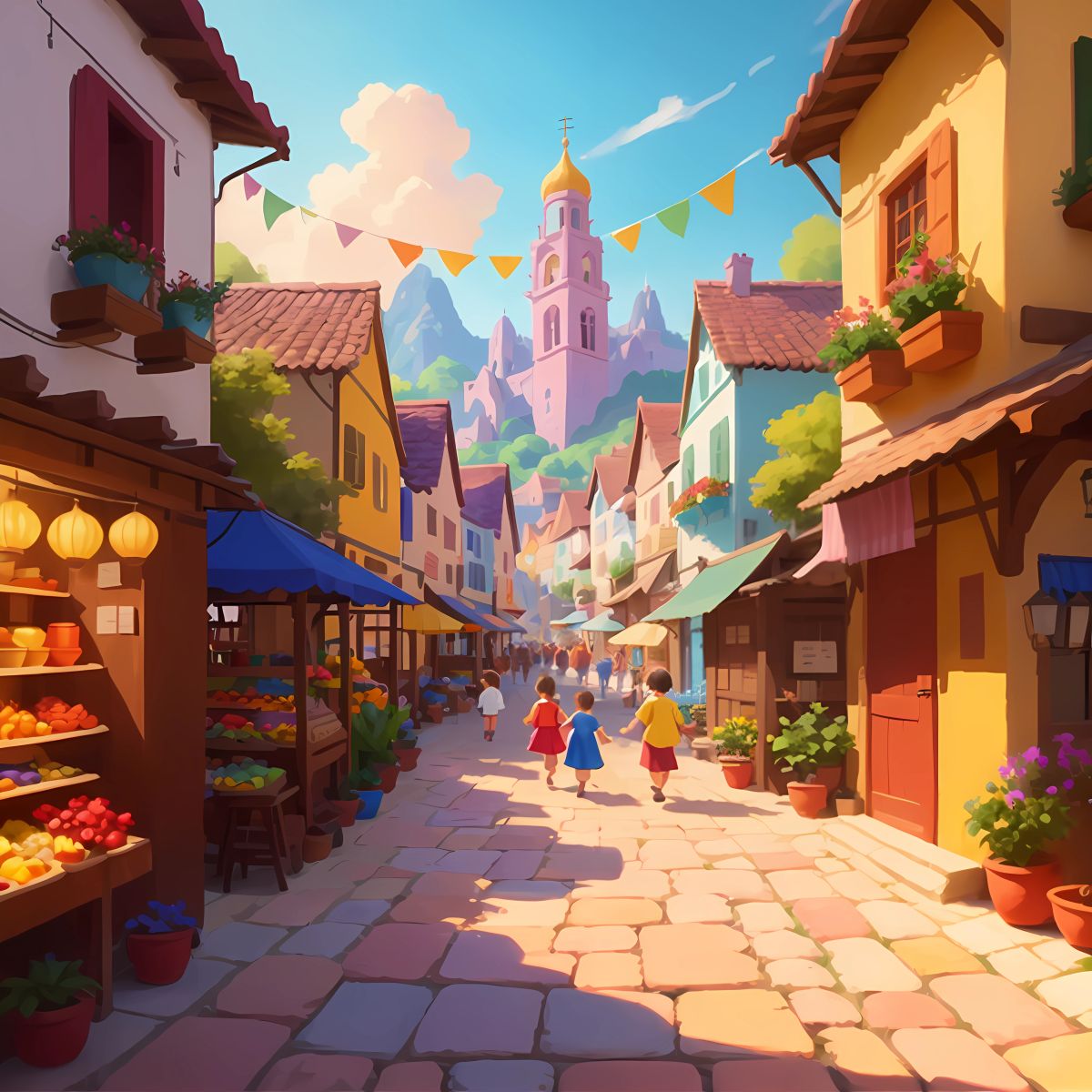 A village of Nod with colorful houses and a bustling marketplace.