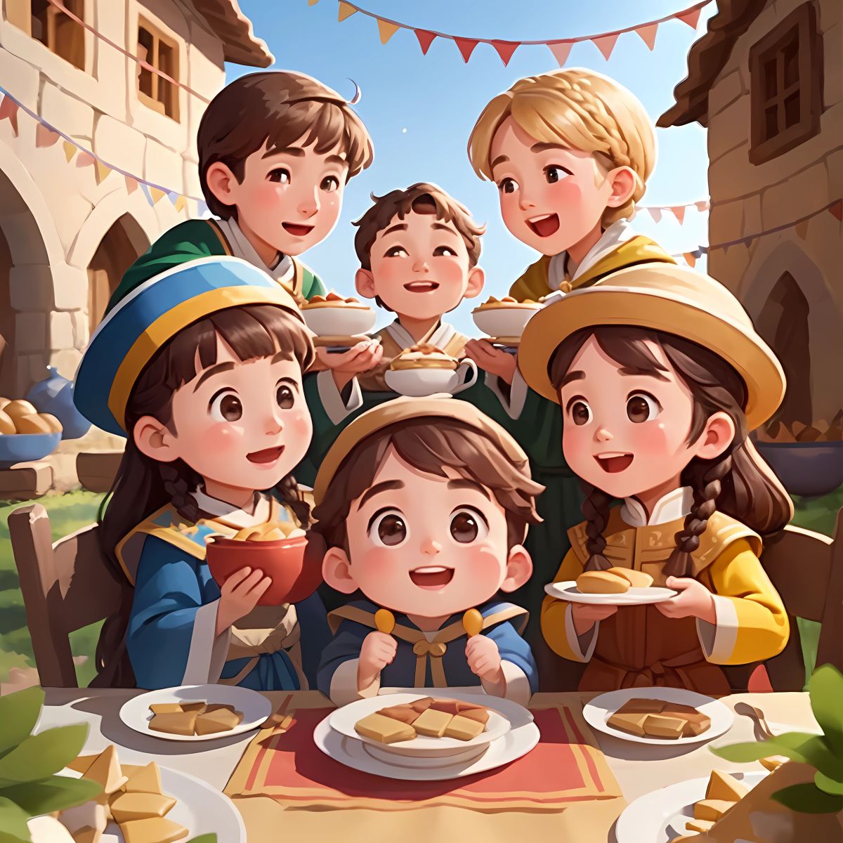 The villagers gathered in a decorated square, holding plates of salty treats with expressions of surprise and laughter on their faces.