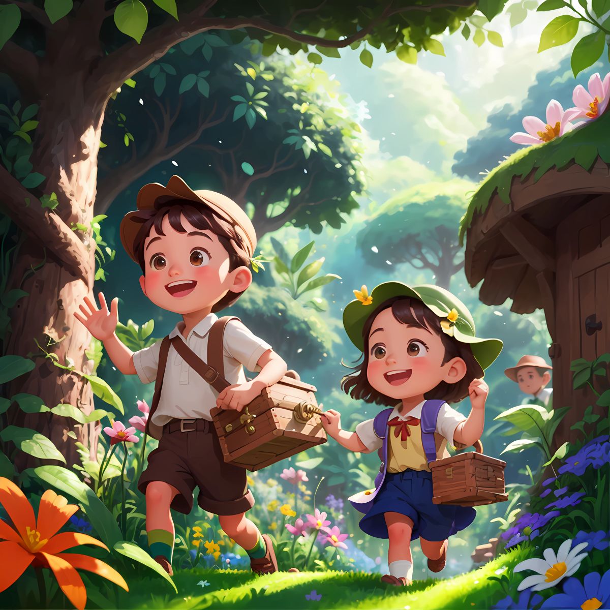 The villagers discovering a hidden treasure chest in a clearing, their eyes wide with astonishment, surrounded by lush greenery.