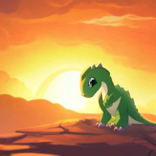 Little Dinosaur reflecting on his journey, with a thoughtful expression and a sense of accomplishment.