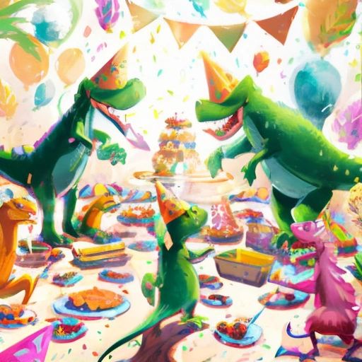 Little Dinosaur and his family celebrating with a big feast, with lots of delicious food and happy faces.