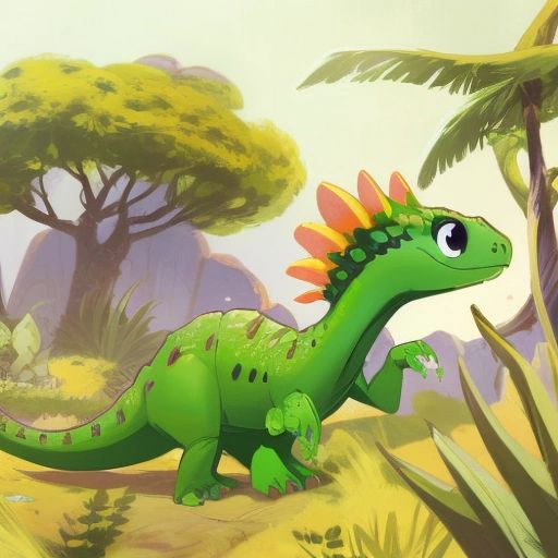 Little Dinosaur wandering away from his family, looking curious and excited.