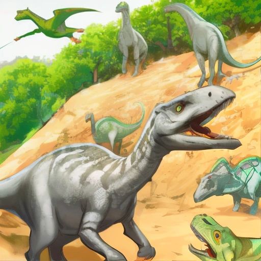 Maiasaura pushing a large rock with a group of dinosaurs, with the other dinosaurs looking up at him with admiration.