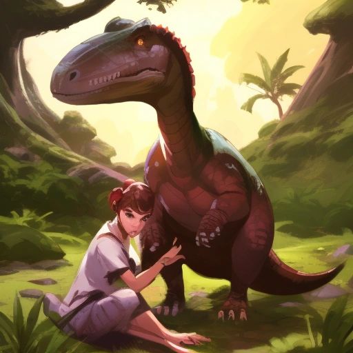 Maiasaura and the small dinosaur sitting together, with Maiasaura holding the small dinosaur's hand and looking apologetic.