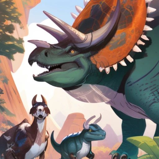 Maiasaura looking enviously at a Triceratops with its sharp horns, while his mother stands behind him with a reassuring hand on his back.