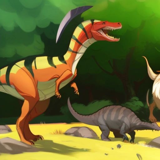 Maiasaura standing bravely in front of his friends, with a fierce T-Rex in the background.
