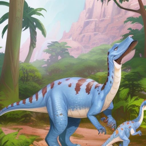 Maiasaura leading a young dinosaur through the forest, with the grateful dinosaur looking up at him with a smile.