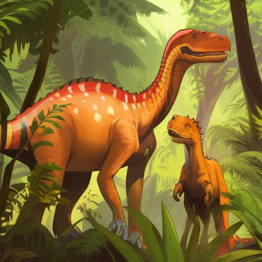 Maiasaura and his mother standing in a lush green forest, with Maiasaura looking up at his mother with a curious expression on his face.