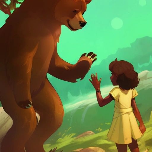 Bruce the Bear comforting the African little girl, holding her hand and looking determined to help her find her parents. 