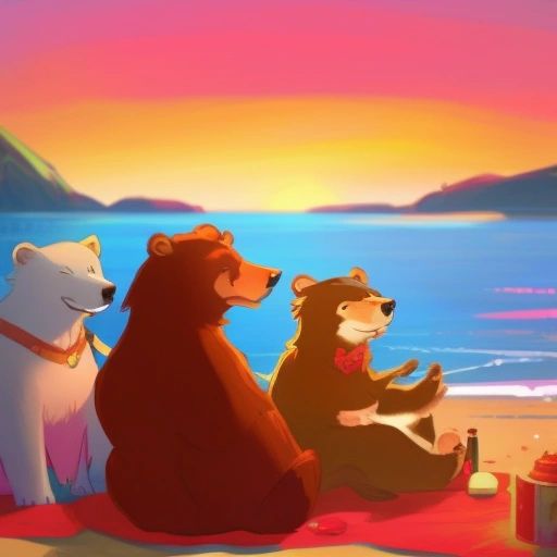 Bruce the Bear and his friends sitting on the beach, watching the sunset and smiling at each other. 