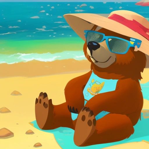 Bruce the Bear sitting on the beach, wearing sunglasses and a sun hat, with a sandcastle and ocean in the background. 