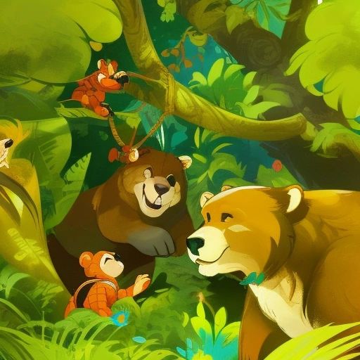 Bruce the Bear surrounded by his new animal friends, including the monkey and turtle, with a lush jungle in the background. 